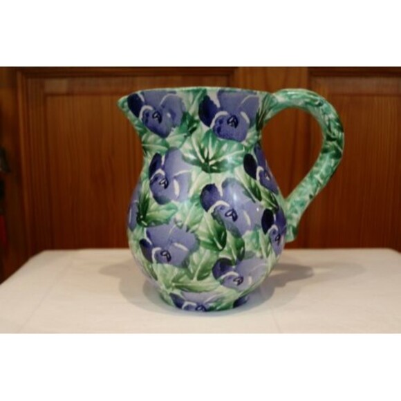 Bloomingdales Italy Hand Painted Italy Pottery Pitcher Floral Blue Pansy - Picture 2 of 7